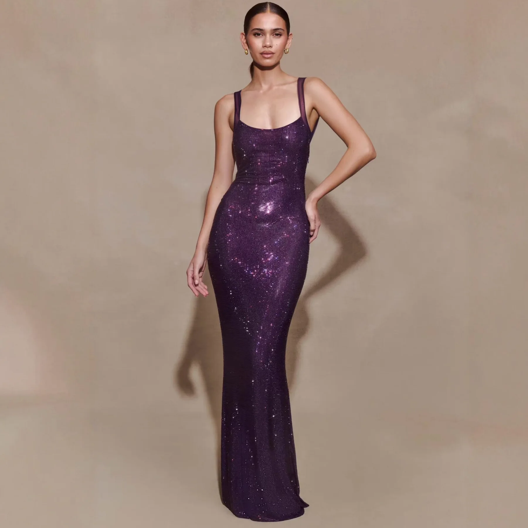 

Summer 2026 Sexy Backless Gold Embossed Slim Fit Women's Dress Elegant High Waist Fish Tail Gown Wedding Party Evening Gown