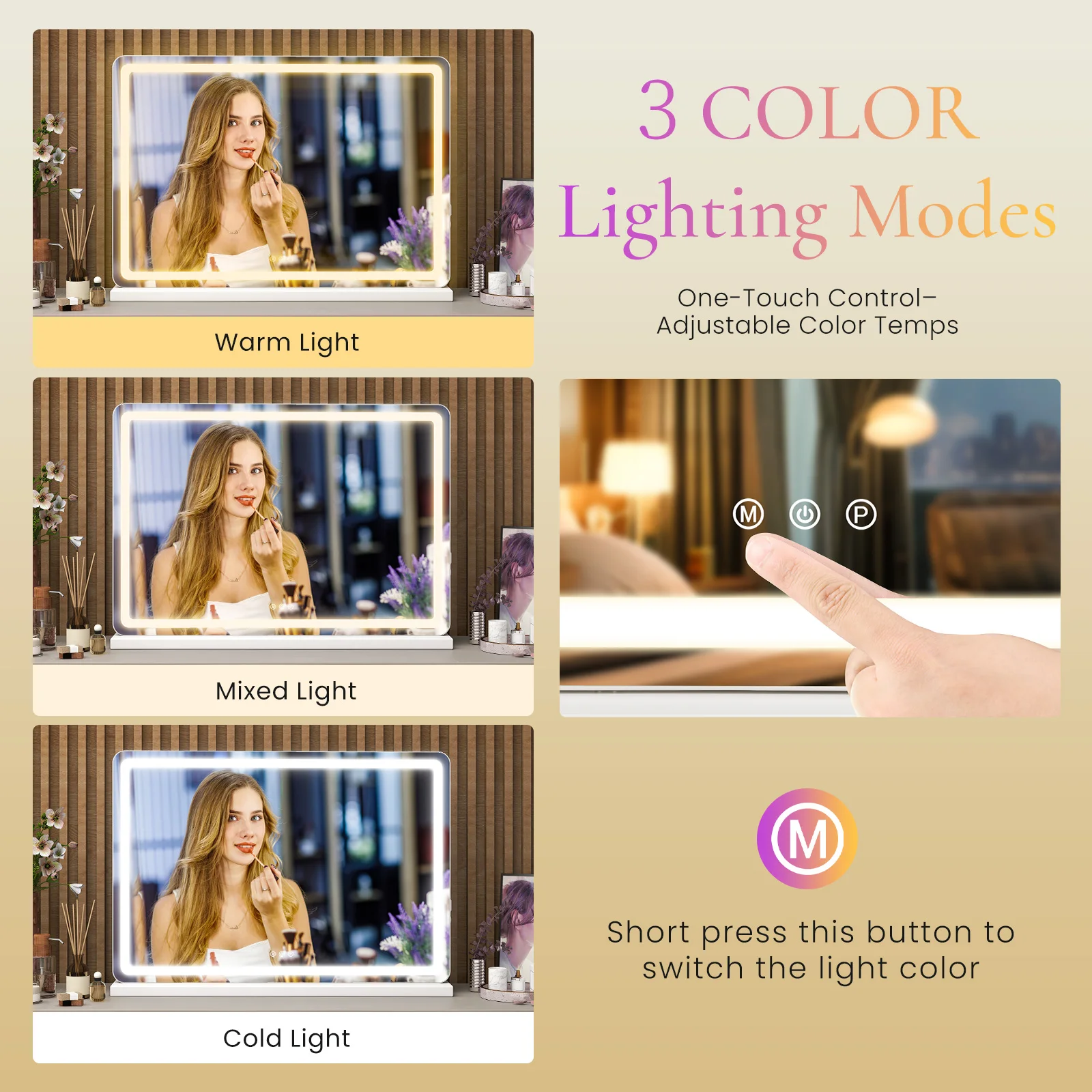 JHK LED مرآة الغرور مع أضواء الألومنيوم الإطار مرآة الحمام عكس الضوء 3 أوضاع ألوان مرآة ماكياج وظيفة الذاكرة غرفة نوم