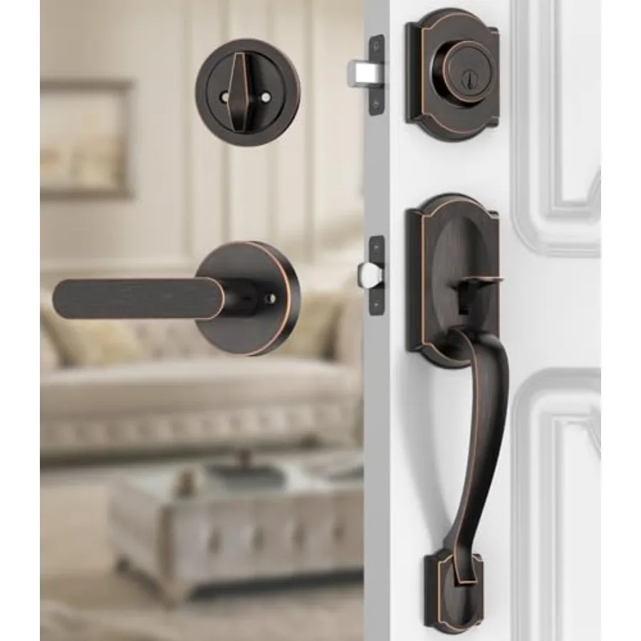 

Front Door Lock Set, Front Door Handle and Deadbolt Set, Vintage Exterior Door Lock Set, Front Door Handle with Single Cylinder