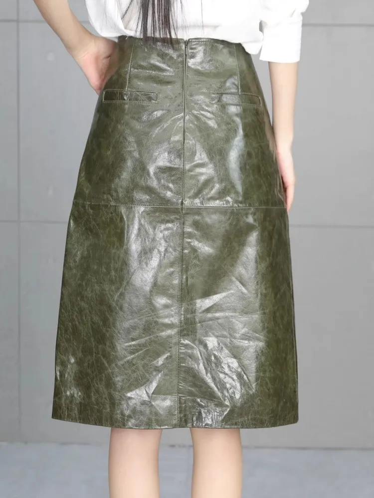Vintage Office Ladies Zipper High Waist Genuine Leather Medium Long Skirt Front Split Sexy Women A Line Sheepskin Cargo Skirts
