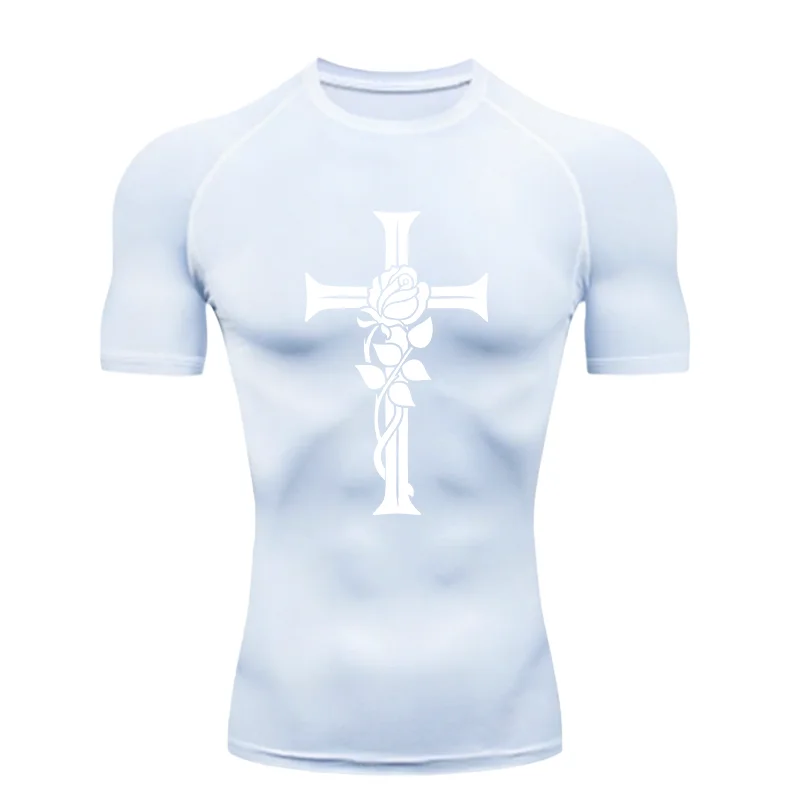 Cross With Rose Men's Sports T-shirt Training Running Workout T-Shirt Compression Shirt Rashgard Tops Short Sleeve Athletic Tees