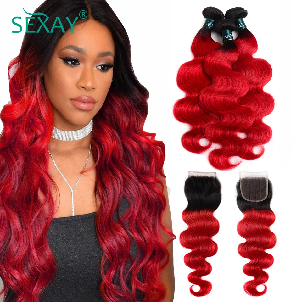 Pacotes vermelhos do cabelo humano com fechamento, cabelo do bebê, peruano, onda do corpo, Ombre, Weave, 3 pacotes, 4x4, fechamento transparente do laço, 1B