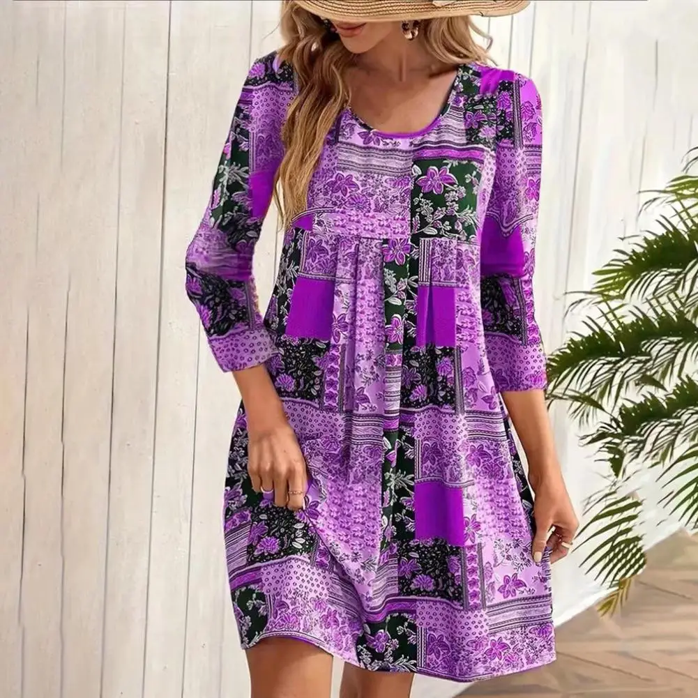 

Fall Dress Retro Ethnic Print Long Sleeve Mini Dress for Women Soft Breathable O Neck Pullover Above Knee Length Spring Lady's