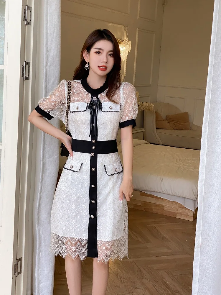 Zomer Zoete Kant Borduurwerk Knop Decor Bow Hals Jurken Elegante Vrouwen Casual Streetwear Midi Feminino Party Dress Vestidos