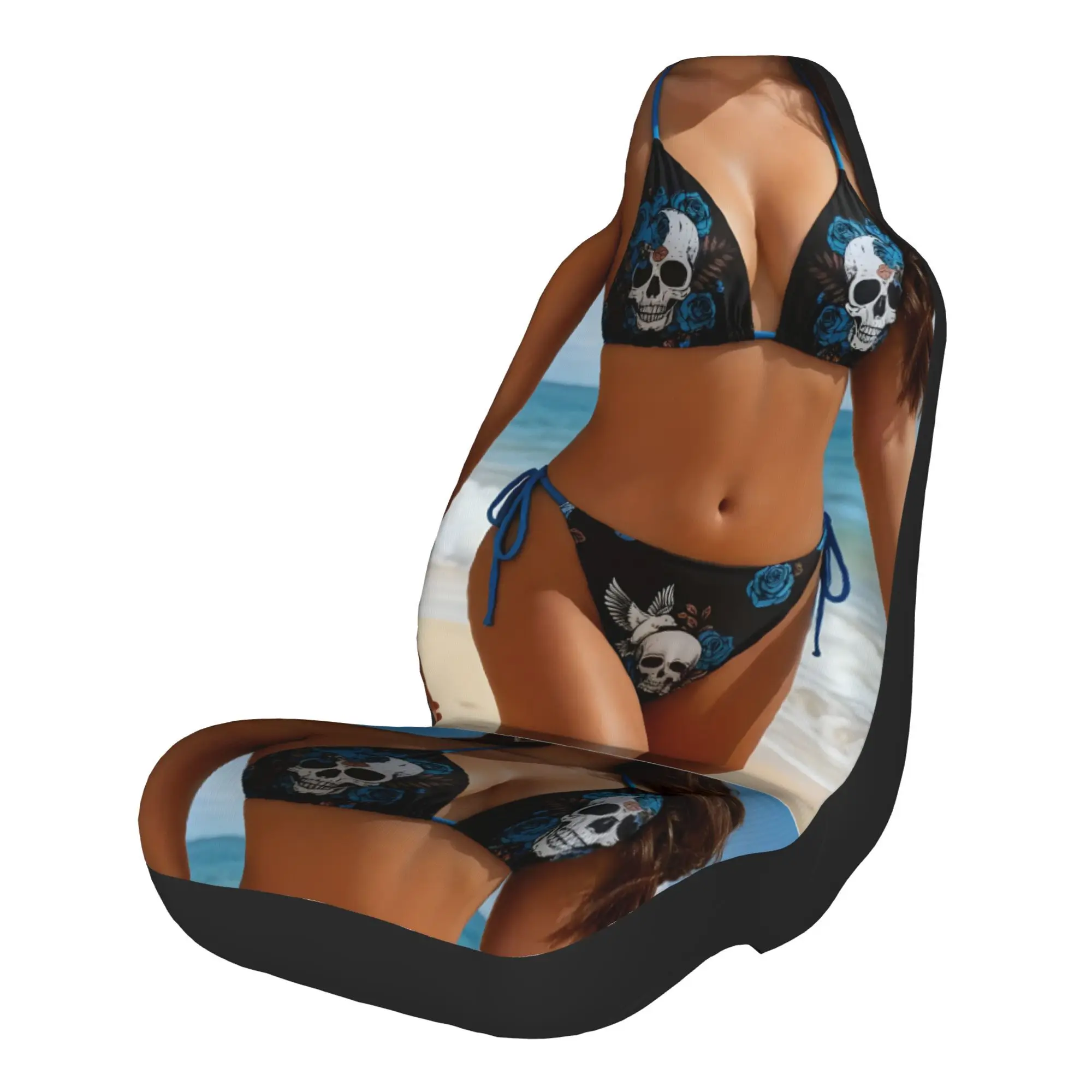 2pcs Stylish Skull & Rose Print Halter Bikini Set For Summer Beach Vibes Car Seat Covers, Suitable For All Vehicles, Christmas G