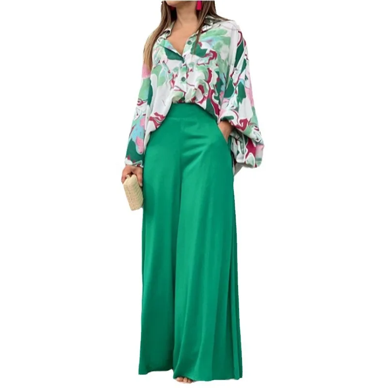 Wide Leg Two Piece Set Women Pant Sets Elegant Shirt Tops Print Floral Loose Casual Single Breasted Long Pants High Waist