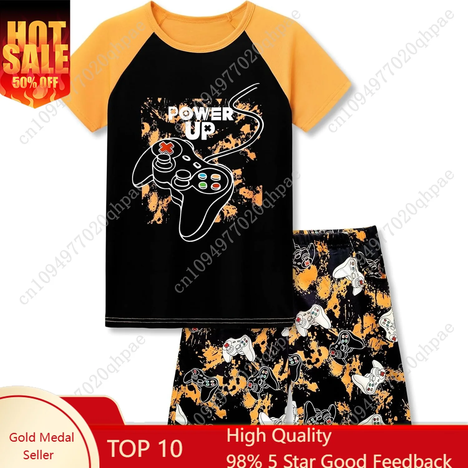 

Tebbis 2-Piece Cozy Pajamas For Little/Big Boys Gamer Yellow Short Sleeves Cool PJs Set Kid Size 6-18