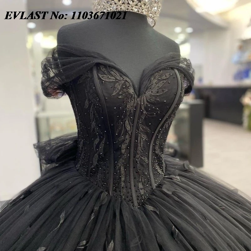 EVLAST Mexican Black Quinceanera Dress Ball Gown Floral Applique Beading With Bow Corset Sweet 16 Vestidos De XV 15 Anos SQ25