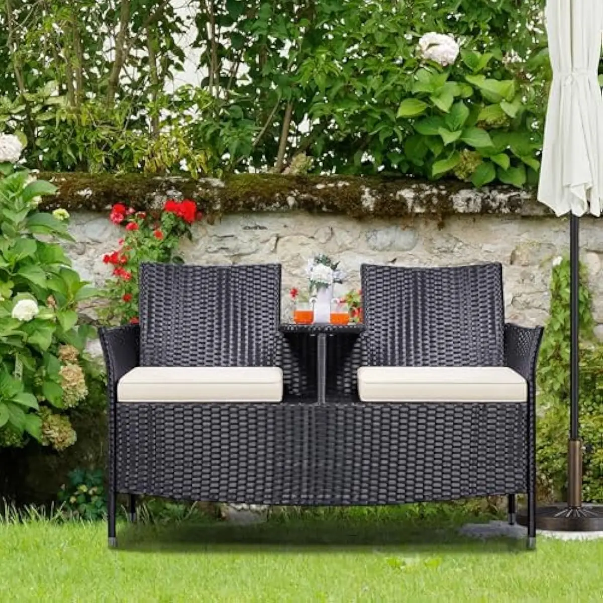 Outdoor Wicker Loveseat with Tempered Glass Center Table – Dual Seating, Weatherproof HDPE Rattan, 26 Inch Depth, 17 Inch Seat H
