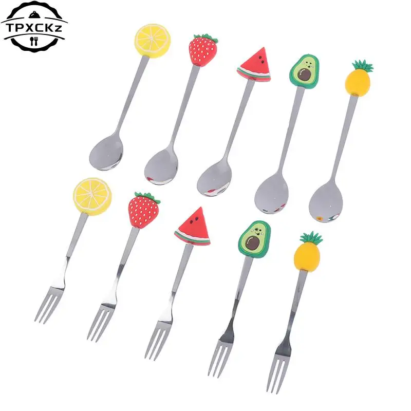 Cute Doughnut Spoon Fruit Fork Stainless Steel Cartoon Kid Spoon Donut Cake Coffee Fork Dessert Tool Teaspoon Ice Cream Stirring