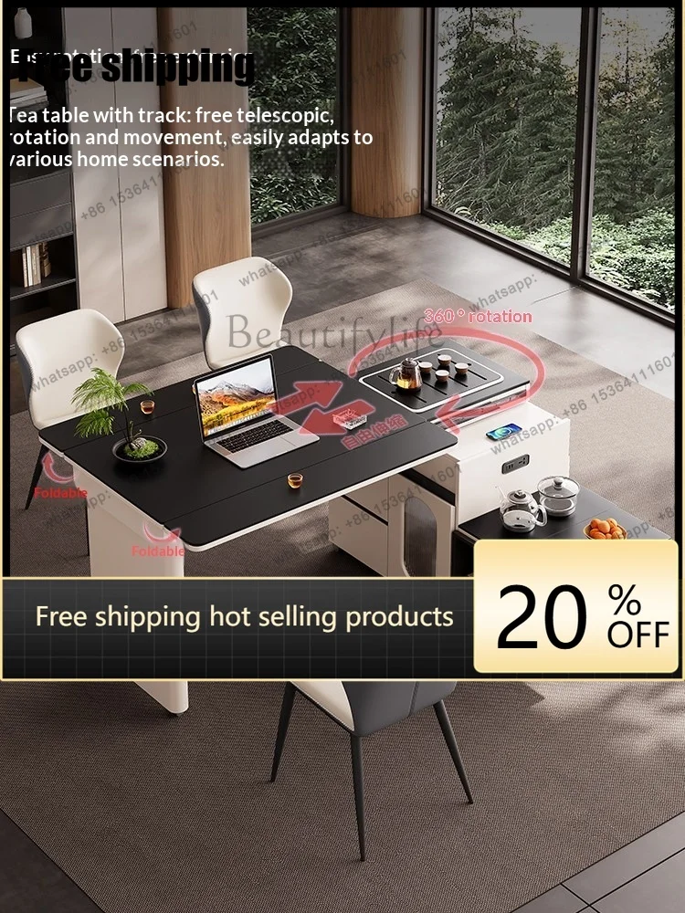 

Rotating Telescopic Tea Table Sintered Stone Multi Use Tea Dining Office Smart Stove Scratch Resistant
