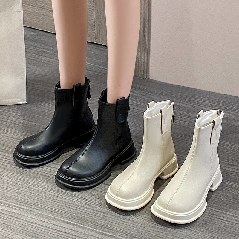 British Style Womens Ankle Boots Square Toe Elastic Soft Leather Rear Zipper Mid Heels Chelsea Boot Black Beige Casual Shoe