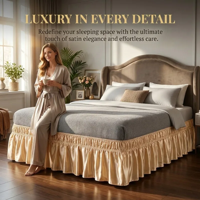 Wrap Around Dust Ruffle Bed Skirt Adjustable Pleated Bedskirt with Satin  Fabric  Wrinkle for Queen Size Beds with 14 Inch Drop