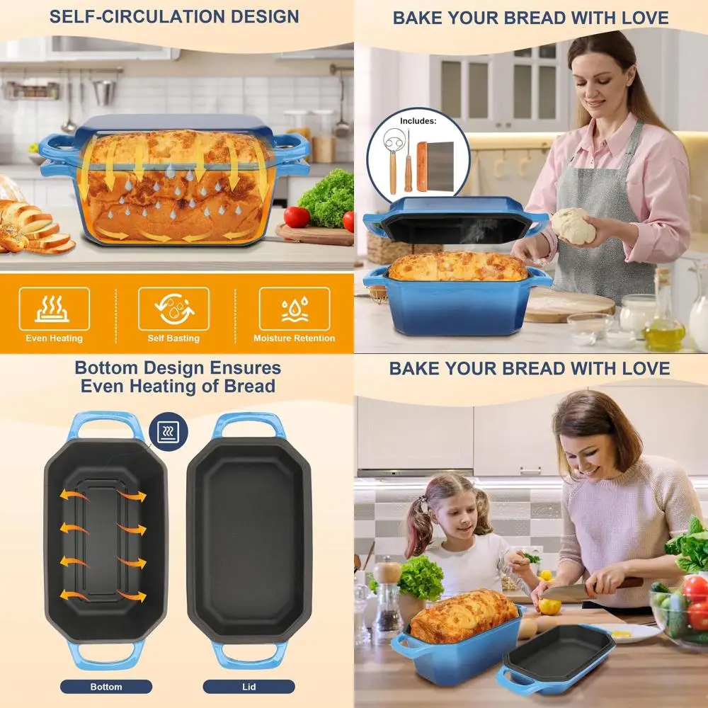 

Blue-Hued Skillet Lid Dutch Oven with Pre-Seasoned Cast Iron for Bread Baking