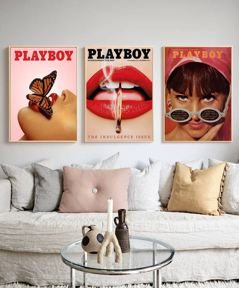 Fashion Magazine Cover Play Boy Poster Red Lips Butterfly Canvas HD Print Wall Art Picture Living Room Bedroom Decor Gift