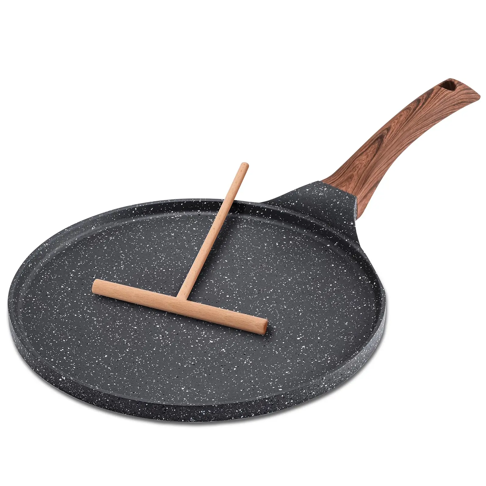 Crepe Pan with Bamboo Spreader 10 Inch Nonstick Pancake Flat Skillet for Tortilla Crepes Compatible Gas Stovetops and Induction