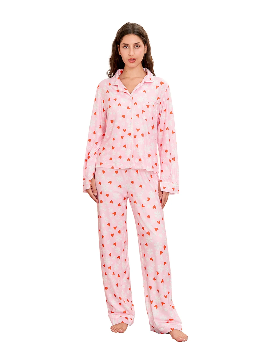 Women Christmas Pajamas Set Snowflake Heart Print Lapel Neck Button-up Long Sleeve Tops Long Pants Loungewear Outfit