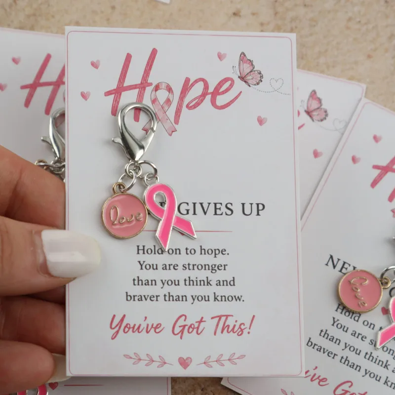 10/14pcs 2dBreast Cancer Prevention Ribbon Set with Love Keychain Accompanying motivational help cards Charity bag charm Perfect