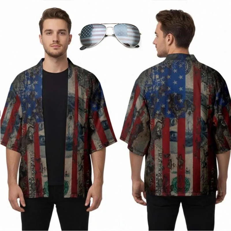 Vintage American Flag Kimono 4th of July Open Front Cover Up Lightweight Cardigan Outfits for Men Women Patriotic Streetwear