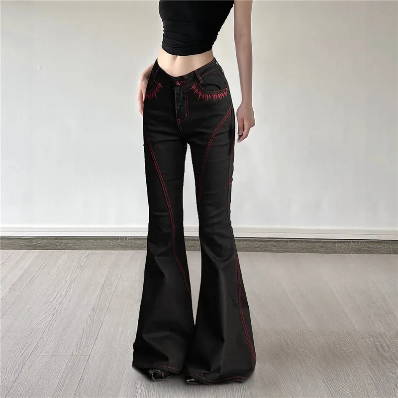 

2025 Новые винтажные темные готические декор с вышивкой, джинсовые брюки полной длины Y2K, гранж V, расклешенные женские уличные брюки с низкой талией и карманами