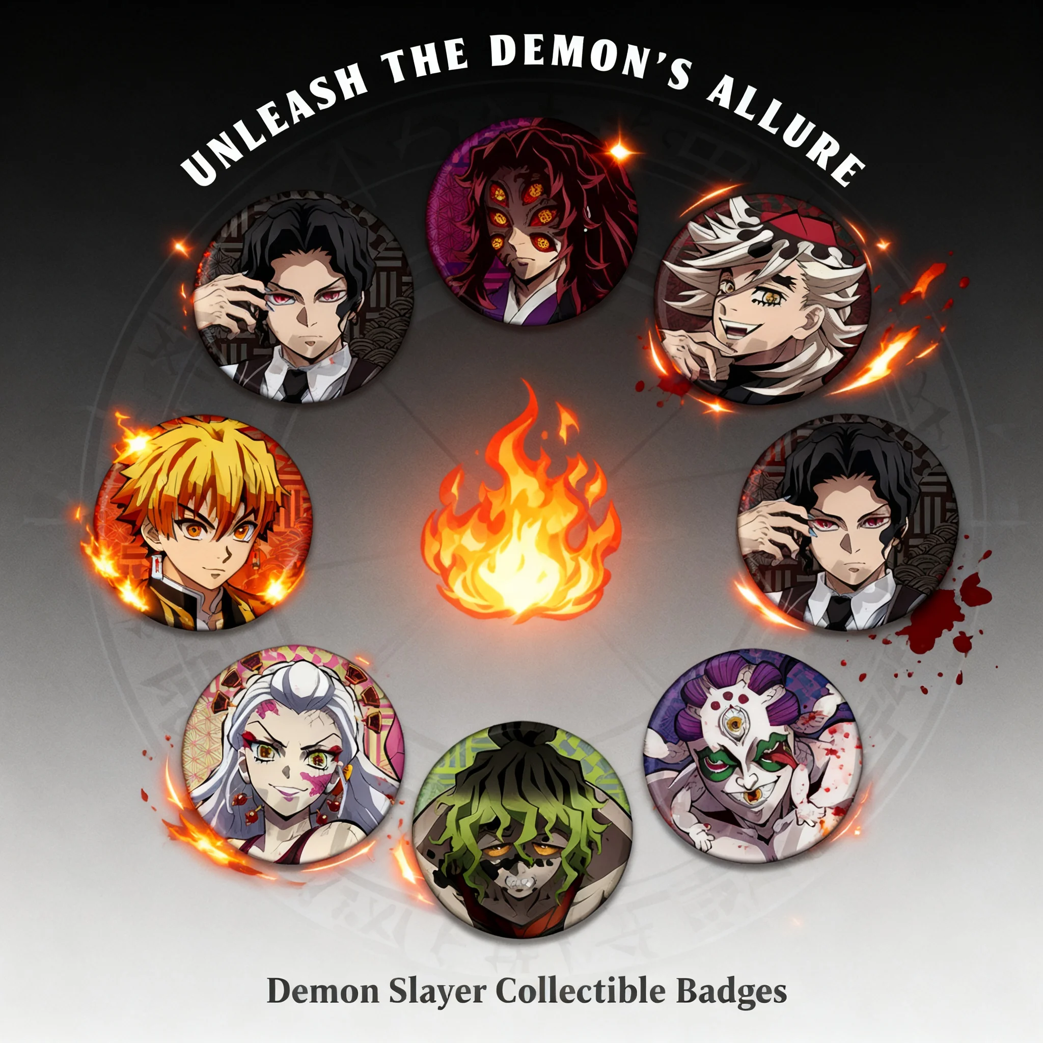 

Набор значков по аниме «Истребитель демонов», включая Дуому (Вторая Луна), Аказу, Кокушибо, Музана Кибуцуджи — коллекционные сувениры