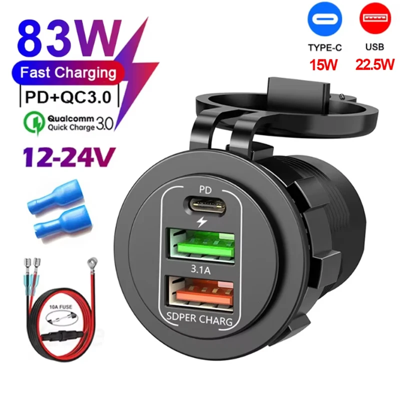 

NEW 4 Ports Dual PD Dual QC 3.0 USB Car Charger with Voltmeter Socket Power Outlet Adapter Waterproof for 12V/24V Car Boat