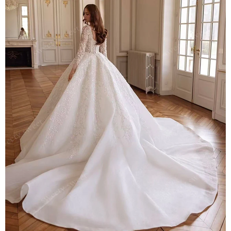 Блестящее свадебное платье с кружевной вышивкой и бисером, бальное платье принцессы с длинными рукавами и квадратным воротником, индивидуальное платье невесты на шнуровке