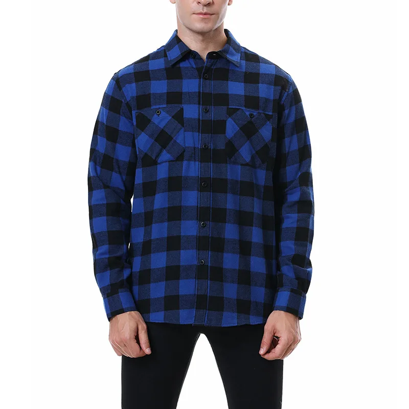 Men\'s Long Sleeve Plaid Shirt Pure Cotton Casual Front Patch Chest Pocket Regular-fit Button-down Collar Flannel Frosted Shirt