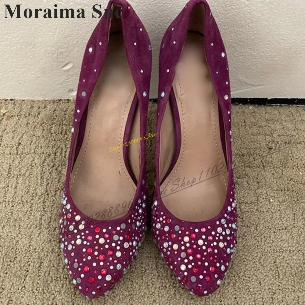 Trending Purple Suede Crystal Decor Pumps Thin High Heel Shoes For Women Slip On Round Toe 2024 Fashionable Zapatos Para Mujere