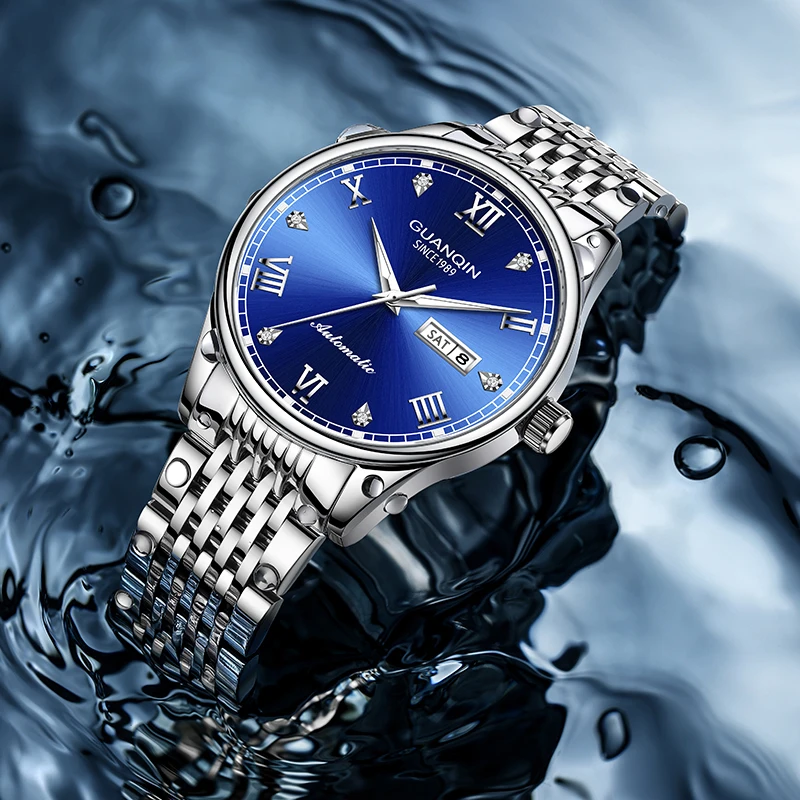 GUANQIN Роскошные мужские часы, полностью автоматические механические часы из нержавеющей стали с двойным календарем, водонепроницаемые часы высокого класса для бизнеса и отдыха