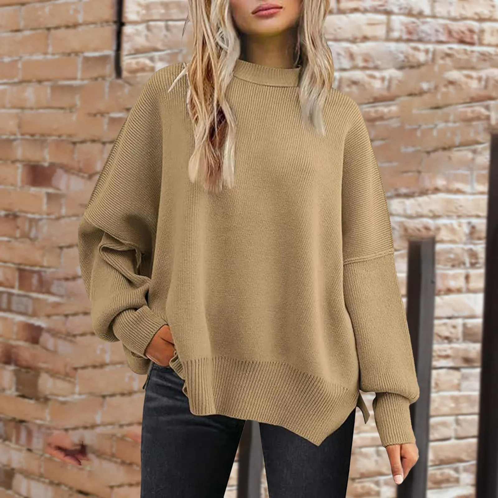 

Women Crewneck Sweaters Batwing Elegant Baggy New Autumn Winter Oversized Warm Knitetd Side Slit Pullover Tops Hoodies Fashion