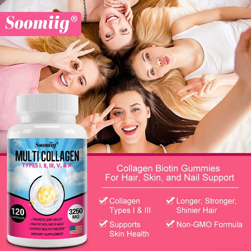 Multi-Collagen TYPES I, II, III, V, & X, Hyaluronic Acid, Vitamin C & Biotin Marine Collagen Capsules - Skin Nails Hair Joints