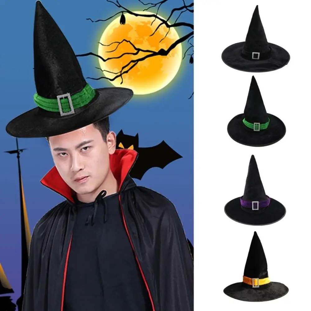 Simple Velvet Halloween Witch Wizard Hat Gilding Bending Angle Halloween Hat Satin Ribbon Costume Props Devil Cap