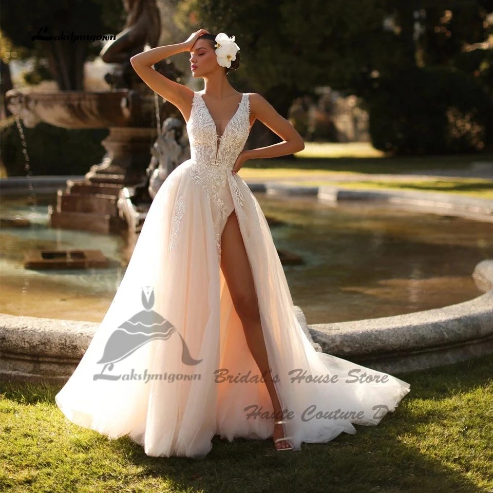 Lakshmigown Vintage Champagner Strand-Hochzeitskleid V-Ausschnitt Rückenfrei 2026 Sexy Boho Tüll Brautkleider mit Hohem Schlitz Maßanfertigung – Detail 5
