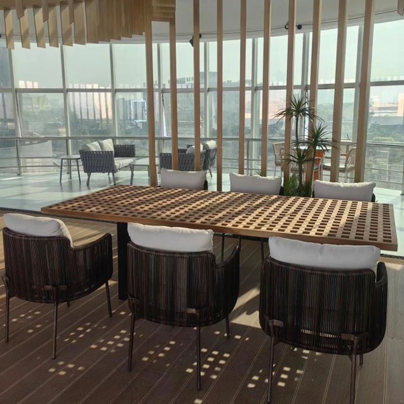 Outdoor Tables And Chairs Combination Open-air Balcony Hotel Waterproof Rattan Tables Light Luxury Solid Wood Dining Set