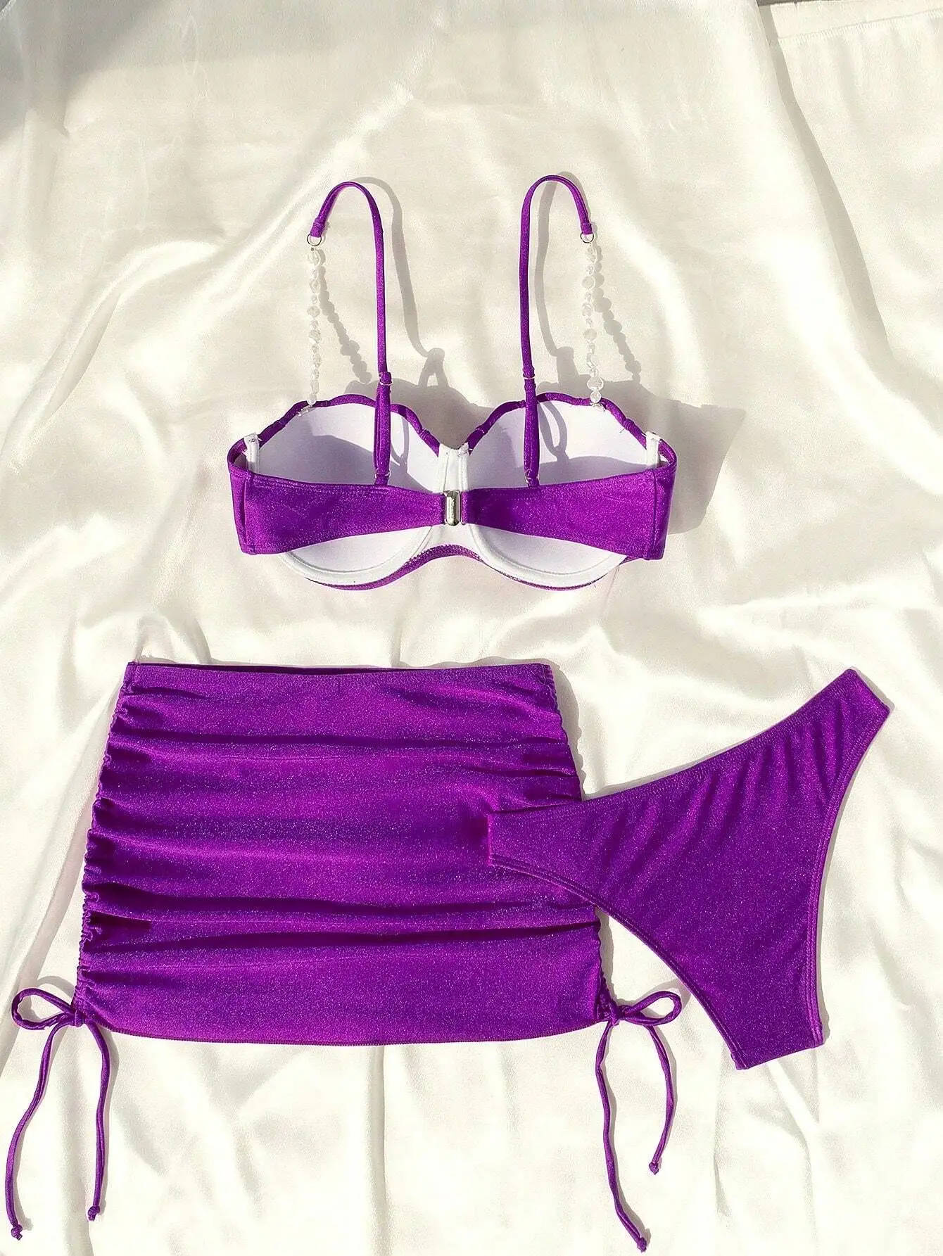 

Purple 3 Piece Bikini Set With Faux Pearl Straps And Shell Cups For Beach Vacation
