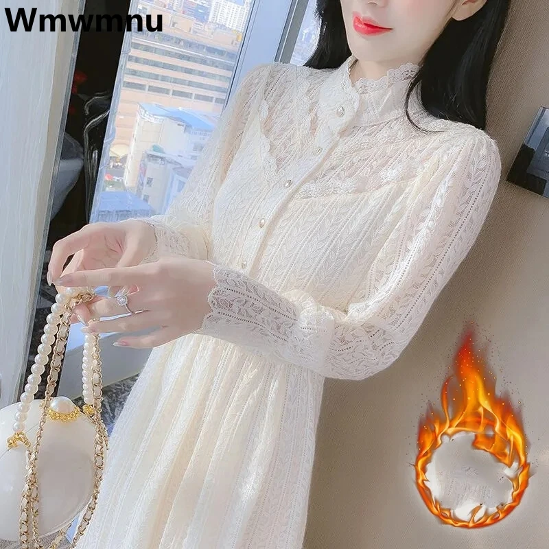 

Lace Velvet Lined Thicken Midi Dress Elegant Long Sleeve Vestidos Women Autumn Winter Dresses Warm Korean Bottoming Elbise