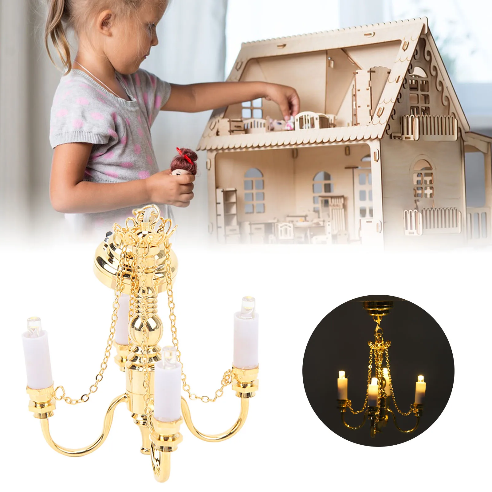 ZK40 Dollhouse Chandelier 1/12 Scaled Battery Operated Lifelike 4 Heads Miniature Ceiling Light Gold