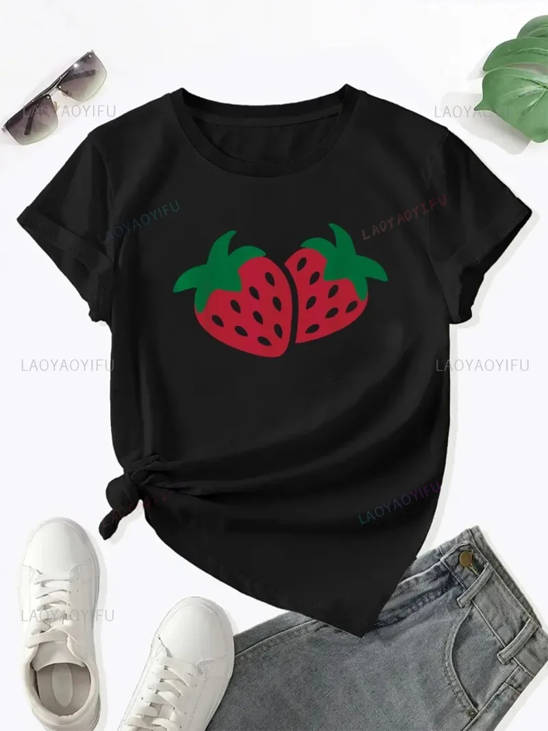 New Pair of Strawberry Heart Shaped Pattern Love Printed Women's Cute Cartoon Girl Round Neck Casual Comfortable cotton T-shirts