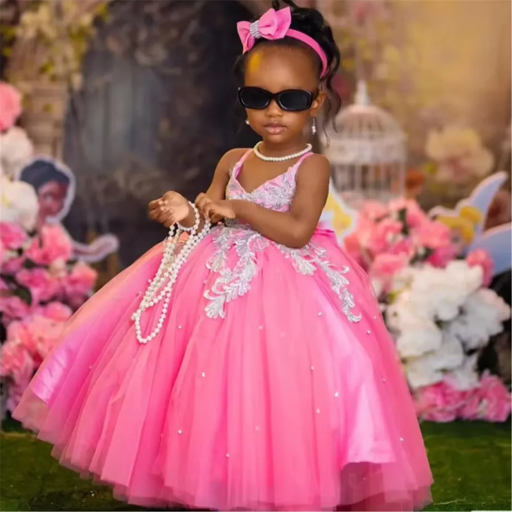 

Customized Luxury Princess Spaghetti Strap Applique Bow Beaded Dress Flower Girl Wedding Dress Kids Birthday Pageant Party Gown