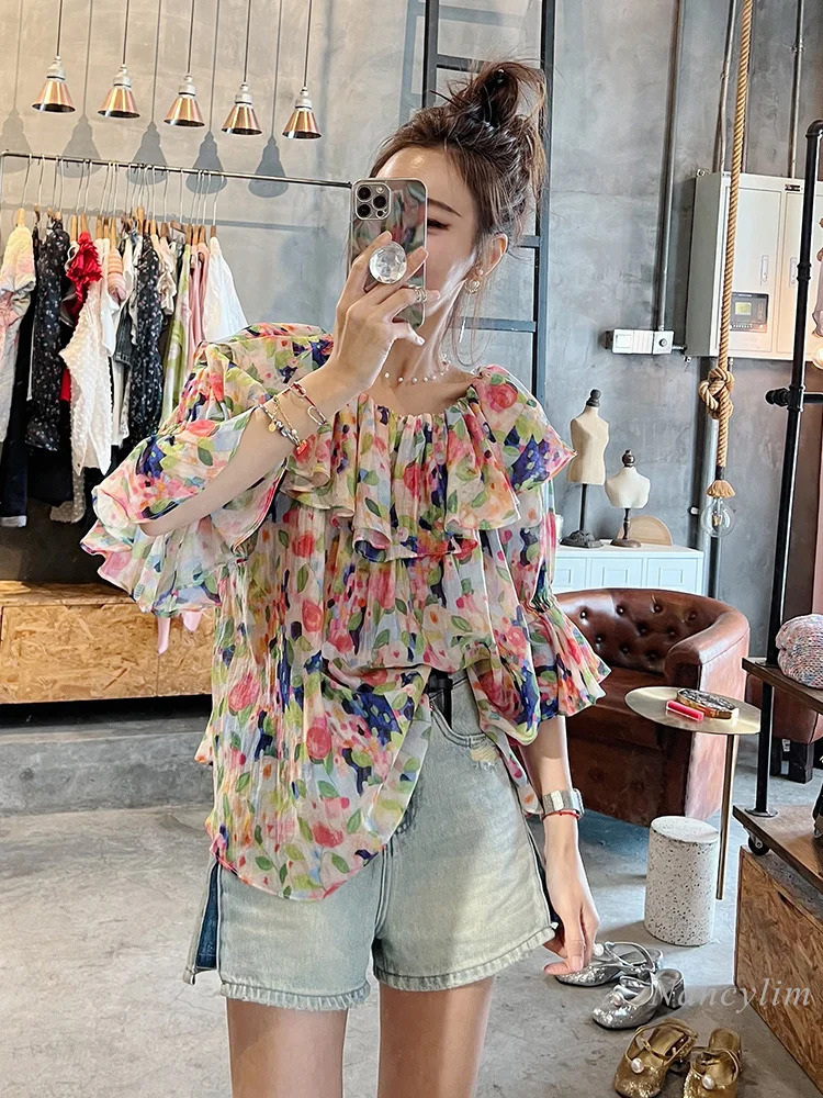 Bluzka z nadrukiem dla kobiet 2024 Summer New European Chic Unique and Beautiful Top Floral Off-Shoulder Ruffled Loose Shirts Holiday