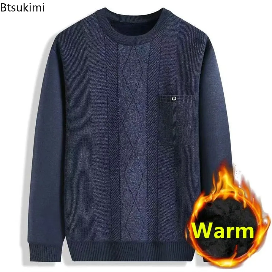 

2024 Autumn Winter Men's Thicken Plush Lining Knitted Sweaters Soft Warm Casual O Neck Pullover Men Knit Sweaters Tops Oversized