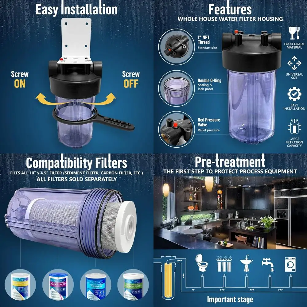 

10x4.5 Whole House Filter System for Well and City Water, Pressure Relief, 1 NPT Brass Port, Double O-Ring, NSF Certified (Trans