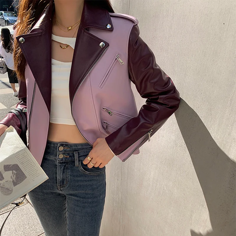 Zip Leder Jacken Frühling Asymmetrische High Street Casual Kontrast Farbe Stitching Kurz Echte Schaffell Leder Jacke Frauen