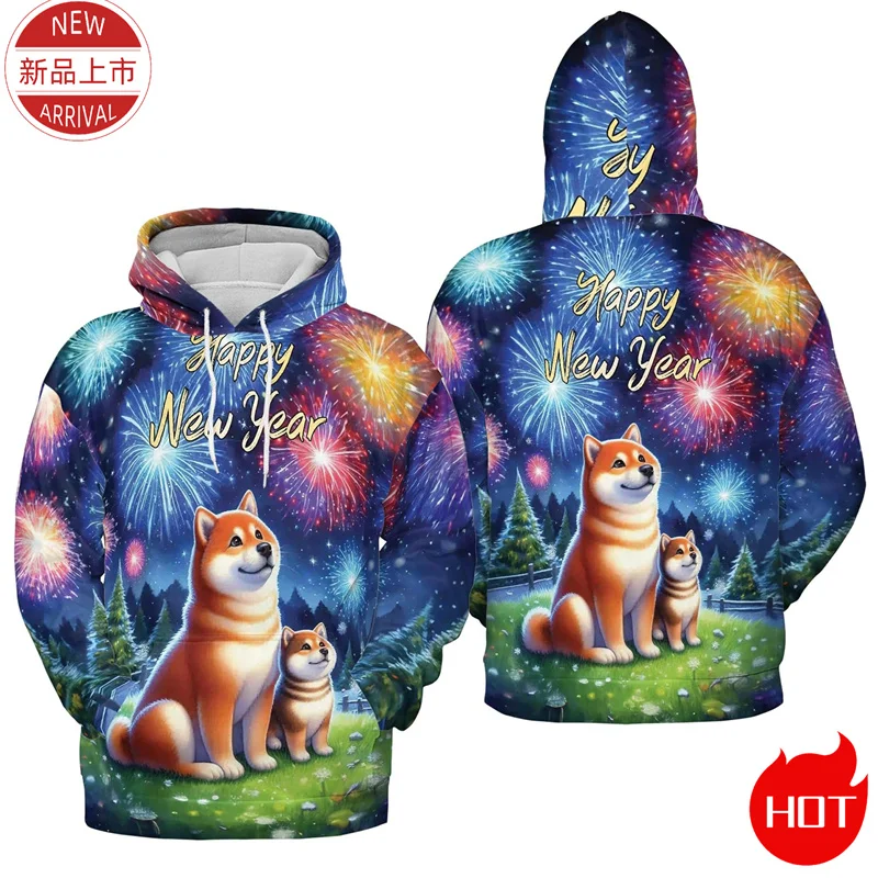 2025 Happy New Year 3D Printed Hoodies Colorful Firework Cute Pull Terrier Corgi Graphic Hooded Hoody Fashion Mens Pullovers Top