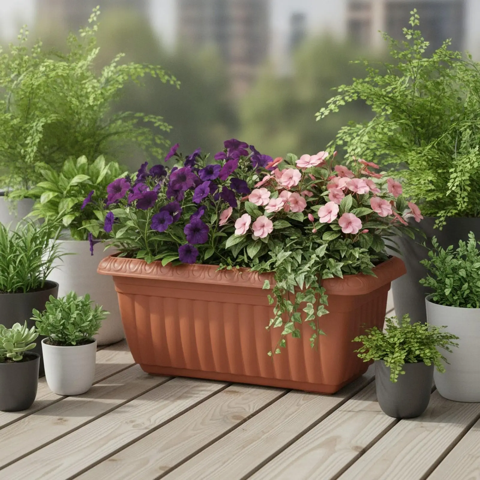 Rectangular Floor Planter with Drainage Insert Ribbed Planter with Decorative Rim Lightweight Plant Pot for Flower Displays,