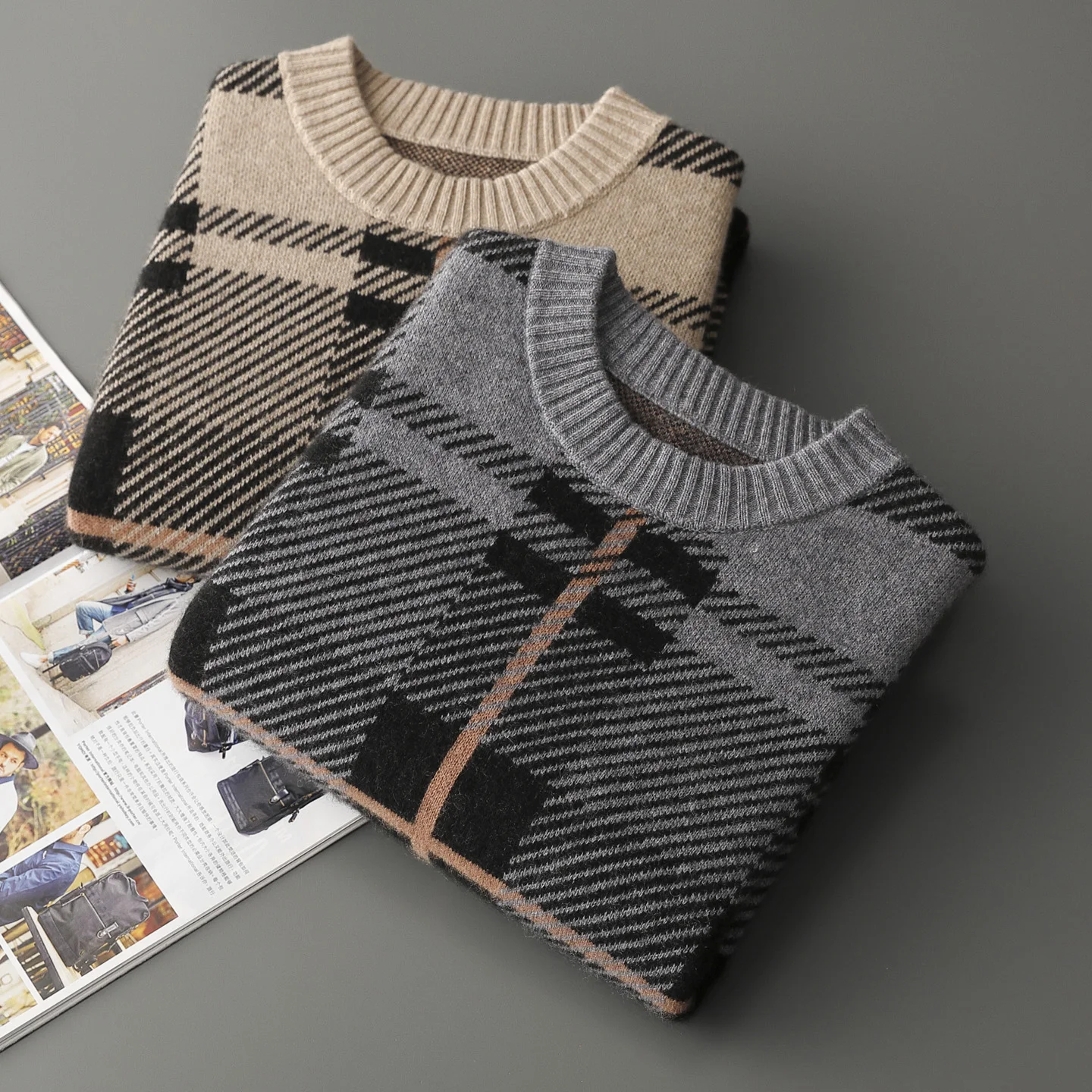 

New Style Half-High Neck Thick Pullover Men's 100% Cashmere Classic Plaid Casual Sweater Autumn Winter Fashion Business Knitwear