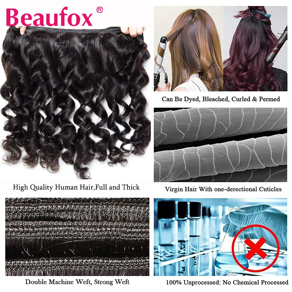 Beaufox حزم موجة فضفاضة الشعر البشري غير المجهزة نسج على شكل شعر إنسان بيرو حزم 1/3/4 حزم صفقات الطبيعية/أسود نفاث 30"