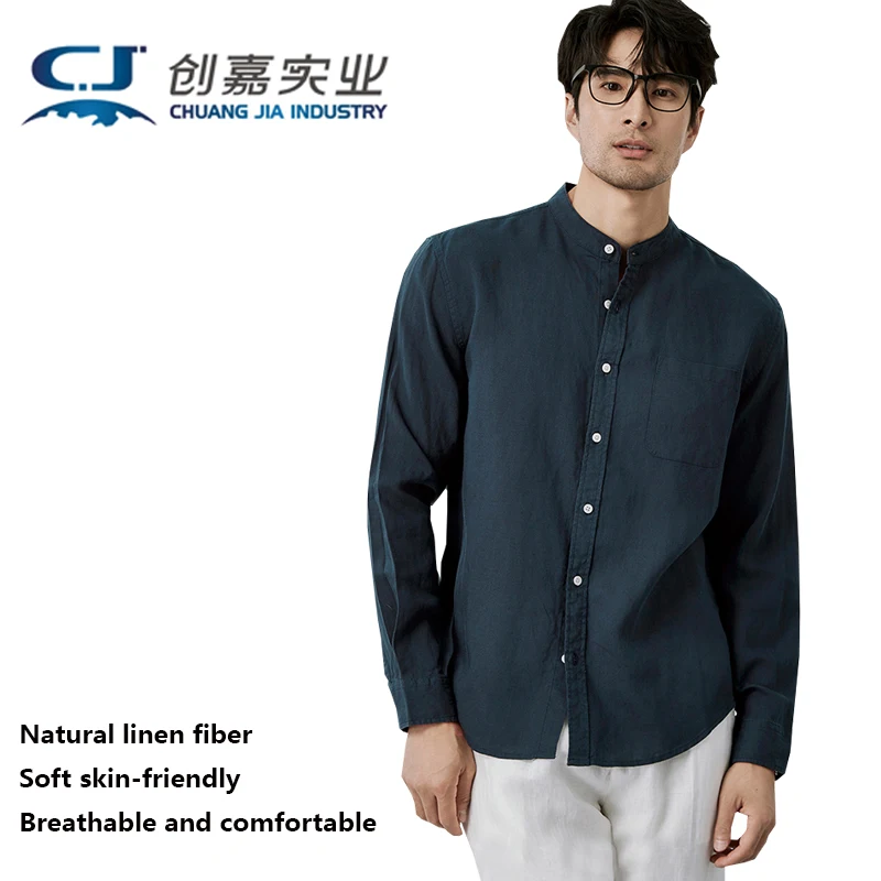 

High-end Natural Pure Linen Men's Long-sleeved Shirt with Stand-up Collar, Elegant Simple Clothing for Business Casual Wear