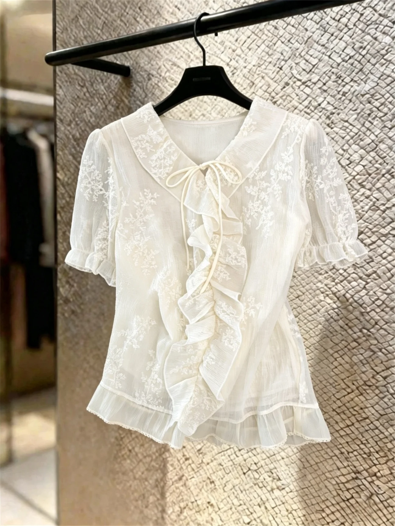 

Princess Style Short Sleeve Embroidered Floral Print Chiffon Top Women's Summer New Knot Belt Slimming Anti-Aging Top
